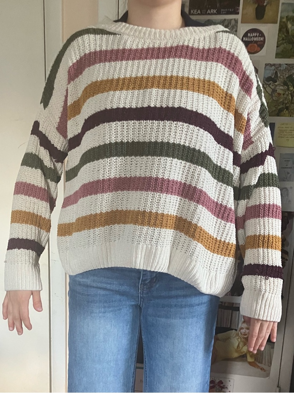 Women's Cream Striped Knit Sweater - Multicolor